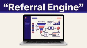 Laptop displaying a referral funnel dashboard beneath a bold indigo headline band.