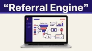 Laptop displaying a referral funnel dashboard beneath a bold indigo headline band.