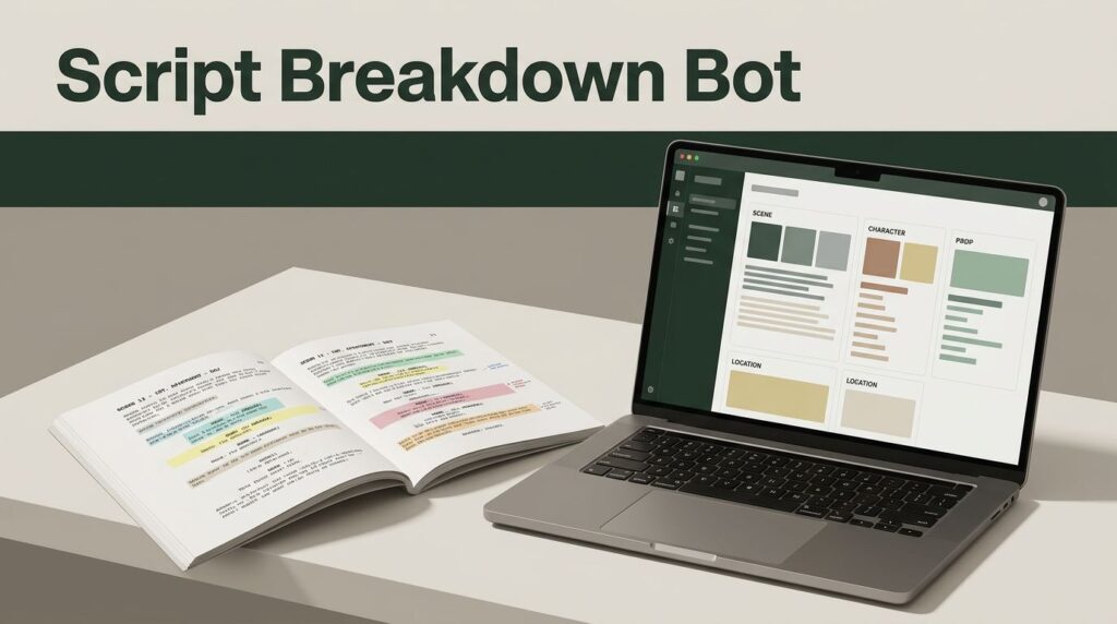 Open screenplay and highlighted pages beside a laptop with organized production data.