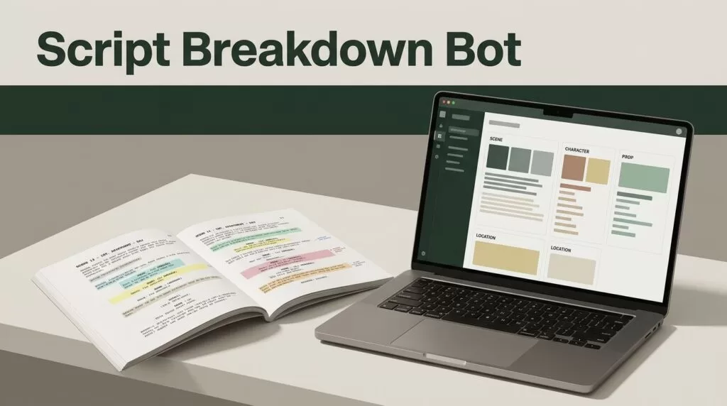 Open screenplay and highlighted pages beside a laptop with organized production data.