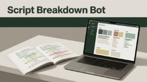 Open screenplay and highlighted pages beside a laptop with organized production data.