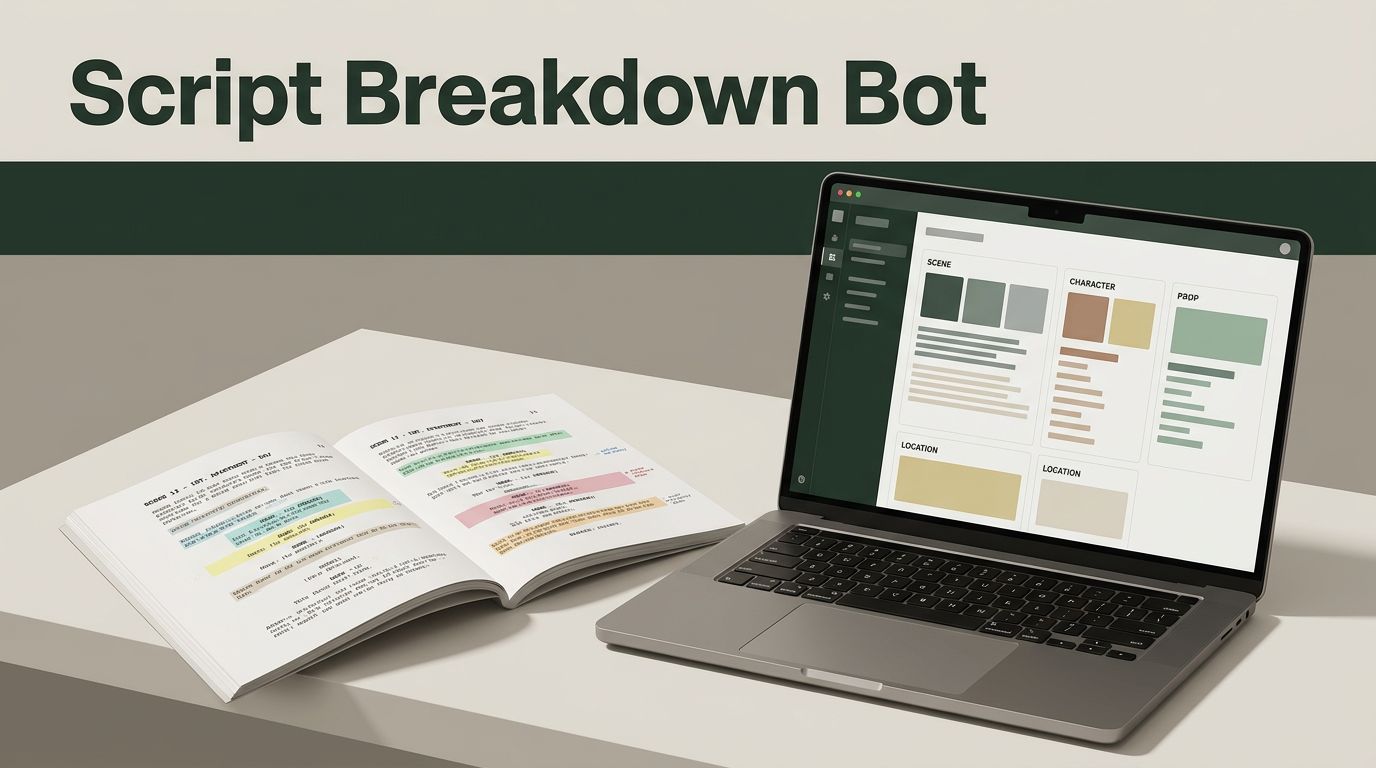Open screenplay and highlighted pages beside a laptop with organized production data.