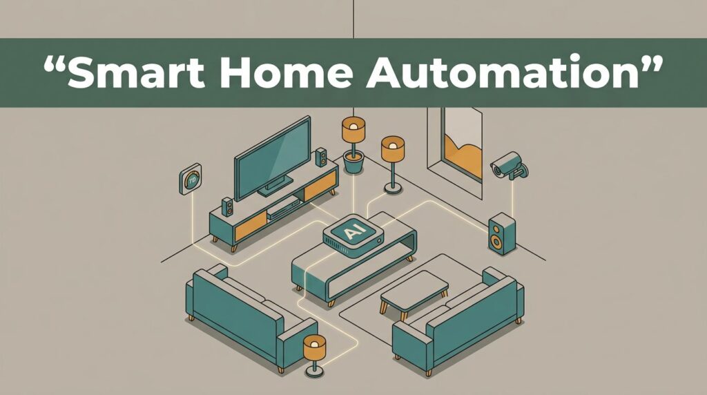 Smart home devices connect to a central hub in a modern living room.