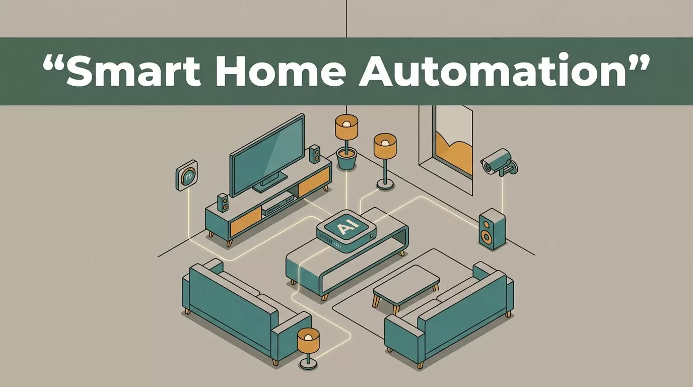 Smart home devices connect to a central hub in a modern living room.