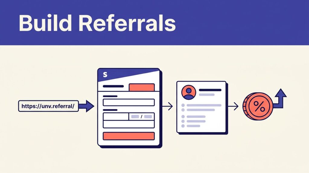 Illustration of a referral link flowing through checkout to commission and payout.