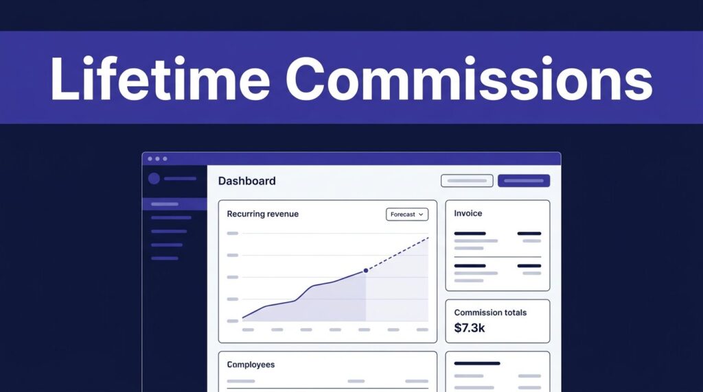 Analytics dashboard showing recurring revenue, invoices, commissions, and a rising forecast line.