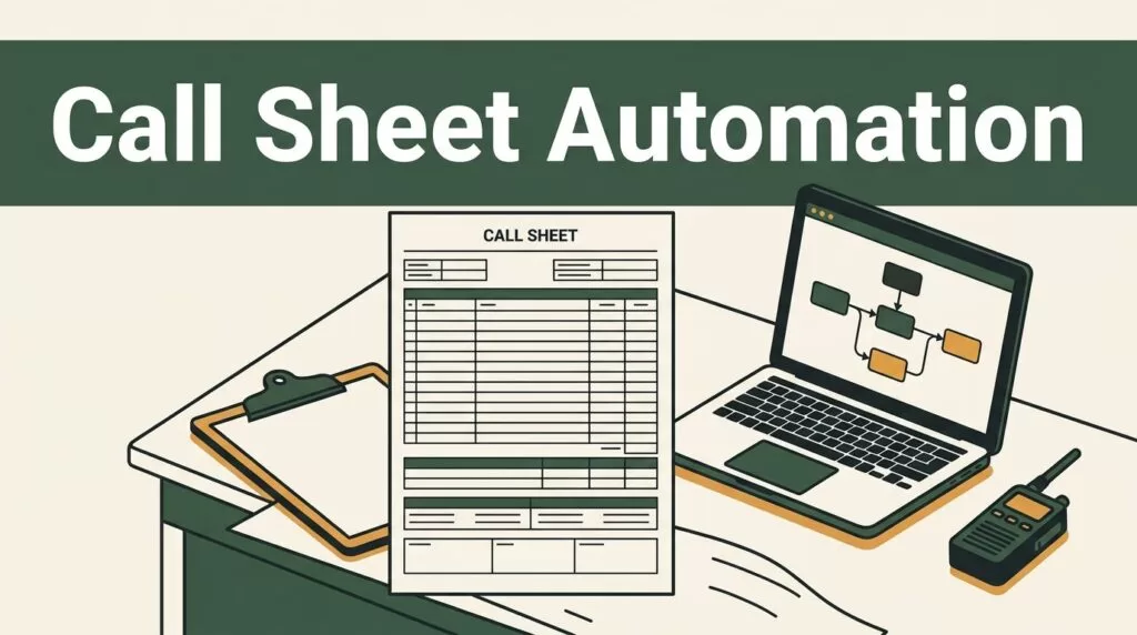 Printed call sheet beside a laptop, clipboard, and walkie-talkie on a production desk.