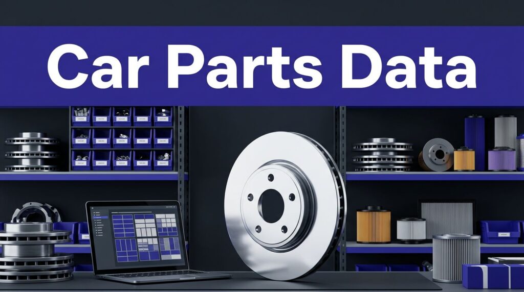 Auto parts bins and brake components surround a laptop and polished brake rotor.