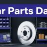 Auto parts bins and brake components surround a laptop and polished brake rotor.
