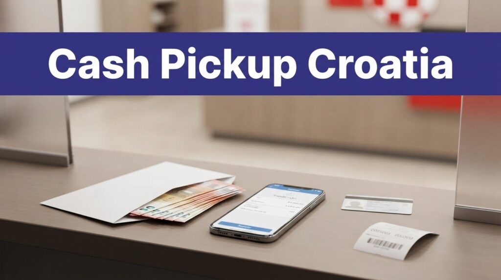 Cash pickup counter with euros, phone, ID card, and reference number.