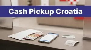 Cash pickup counter with euros, phone, ID card, and reference number.