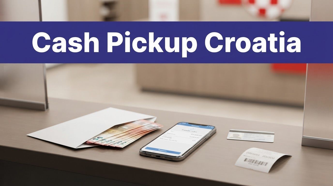 Cash pickup counter with euros, phone, ID card, and reference number.