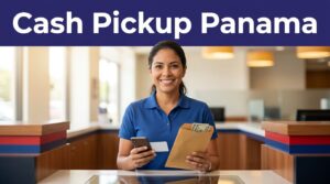 Smiling woman holding a phone and cash envelope at a Panama payout counter.