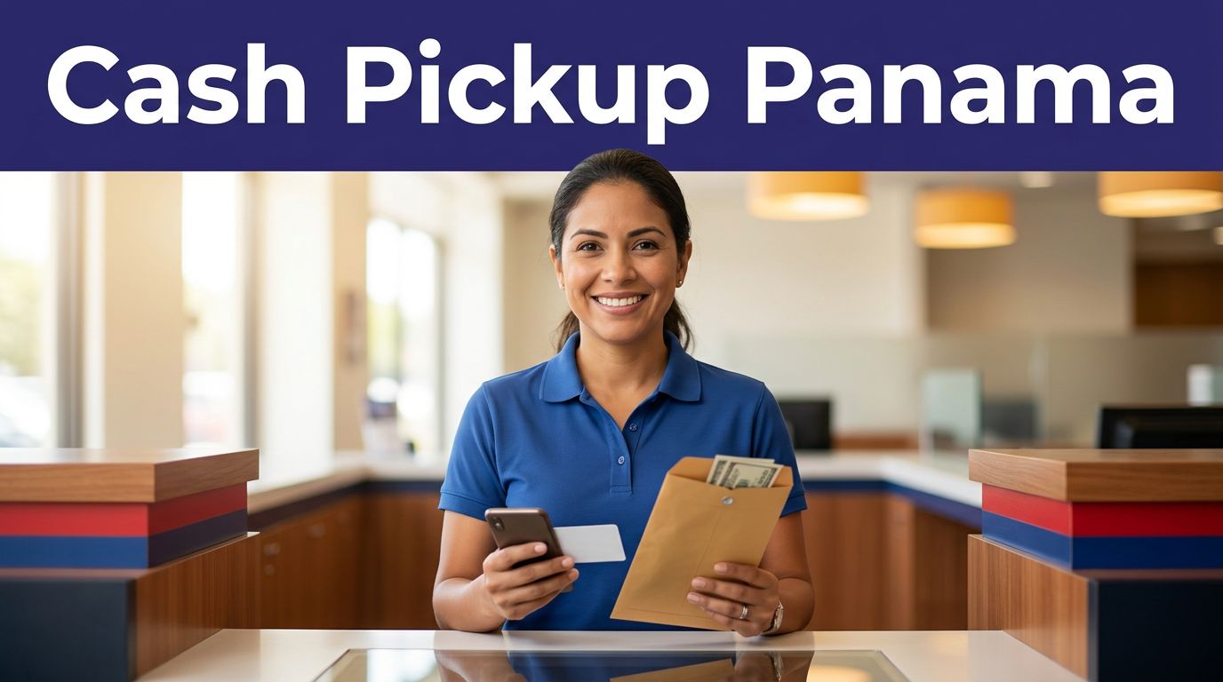Smiling woman holding a phone and cash envelope at a Panama payout counter.
