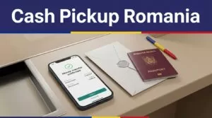 A phone showing a transfer confirmation beside cash and a Romanian passport at a payout counter.