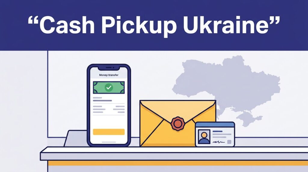 A phone, cash envelope, and ID card sit on a payout counter with a Ukraine map behind them.