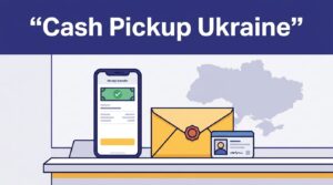 A phone, cash envelope, and ID card sit on a payout counter with a Ukraine map behind them.