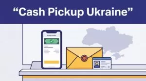 A phone, cash envelope, and ID card sit on a payout counter with a Ukraine map behind them.