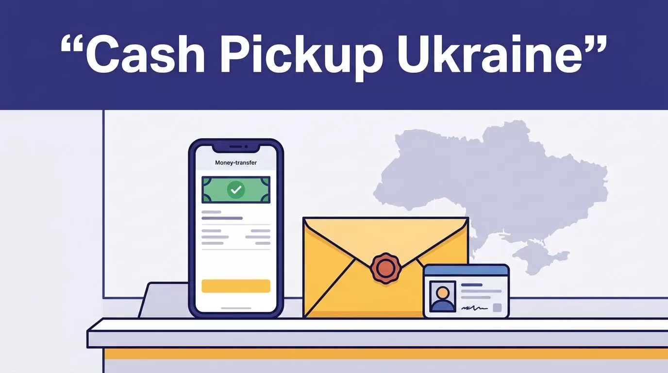 A phone, cash envelope, and ID card sit on a payout counter with a Ukraine map behind them.