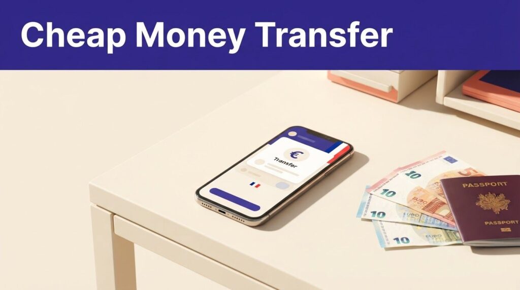A smartphone showing a euro transfer beside cash and a passport under an indigo banner.