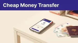 A smartphone showing a euro transfer beside cash and a passport under an indigo banner.