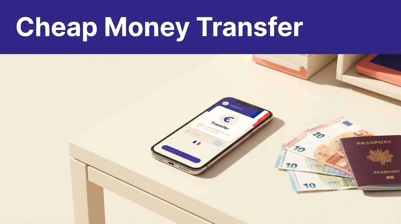 A smartphone showing a euro transfer beside cash and a passport under an indigo banner.