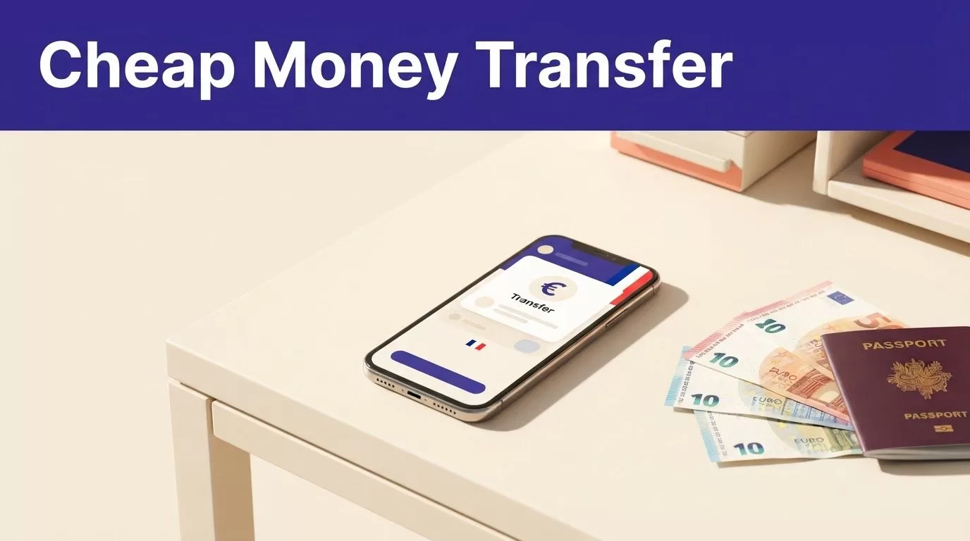 A smartphone showing a euro transfer beside cash and a passport under an indigo banner.