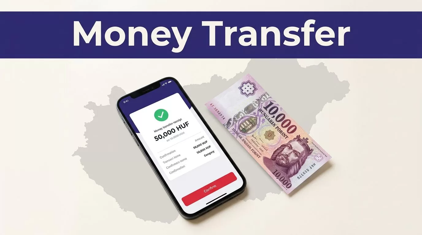 A smartphone showing a money transfer beside Hungarian forint and a map of Hungary.
