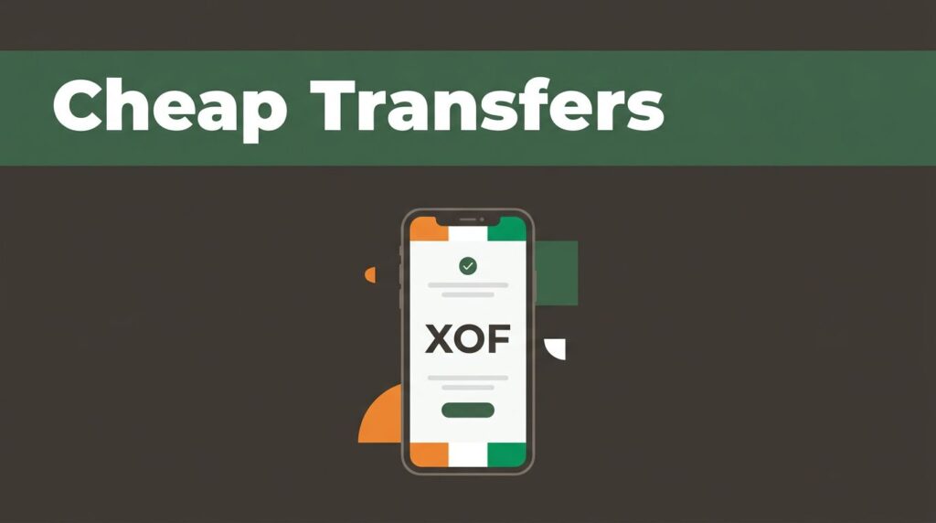 A smartphone shows an XOF transfer confirmation beneath a green band with orange, white, and green accents.