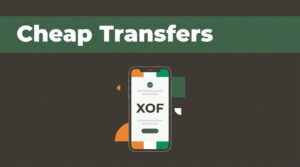 A smartphone shows an XOF transfer confirmation beneath a green band with orange, white, and green accents.