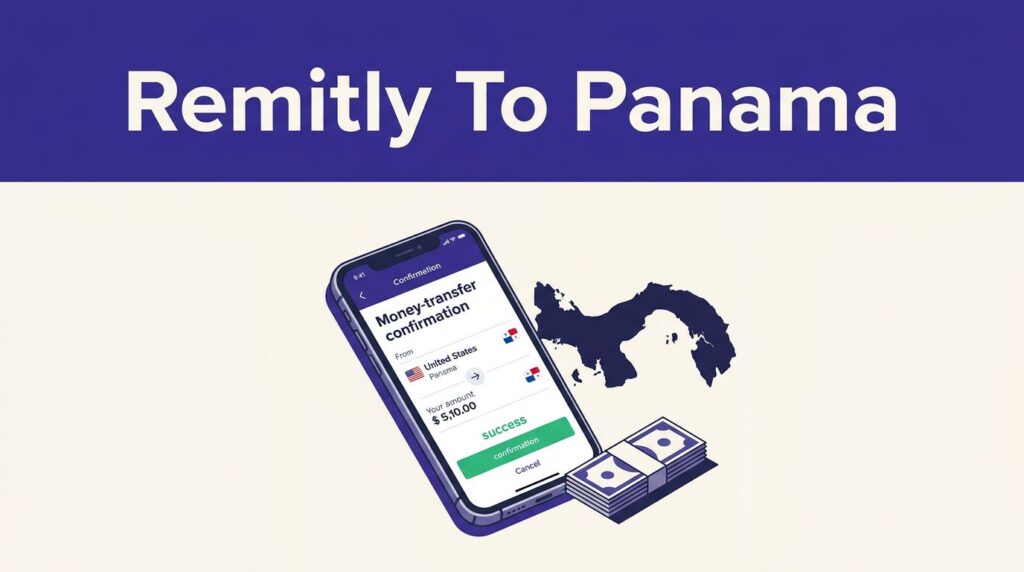 A phone shows a money transfer to Panama beside a map silhouette and cash.