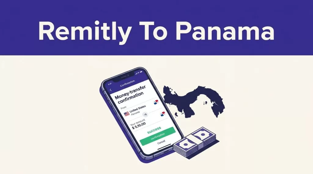A phone shows a money transfer to Panama beside a map silhouette and cash.