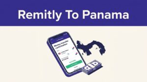 A phone shows a money transfer to Panama beside a map silhouette and cash.