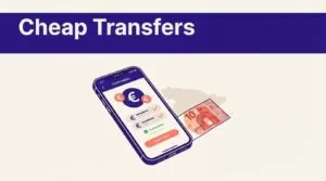 Smartphone showing a euro transfer beside a Spanish banknote and Spain map.