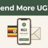Smartphone showing a Ugandan shilling transfer confirmation beside an envelope.