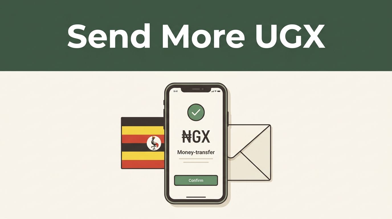 Smartphone showing a Ugandan shilling transfer confirmation beside an envelope.