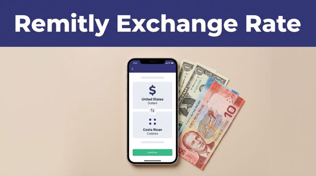 A smartphone displays dollar-to-colón conversion beside U.S. and Costa Rican banknotes.