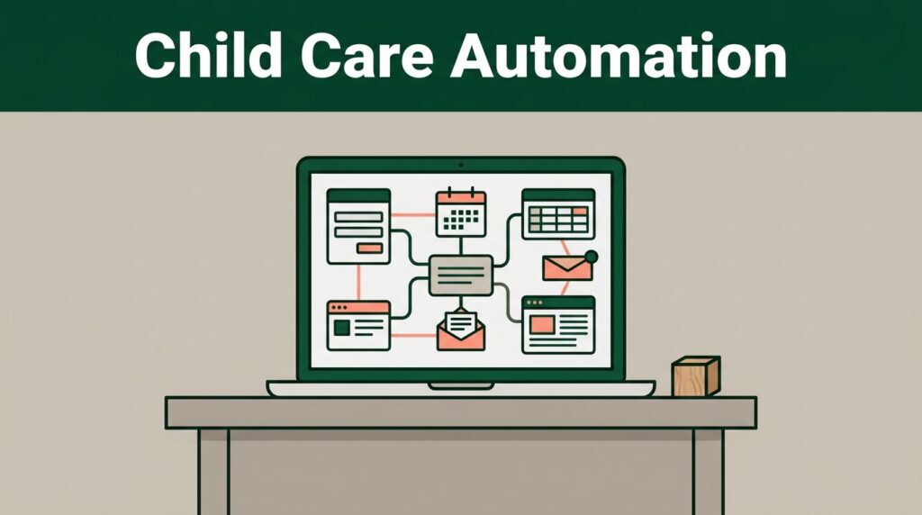 Laptop displaying connected child care workflow shapes beside a small toy block.