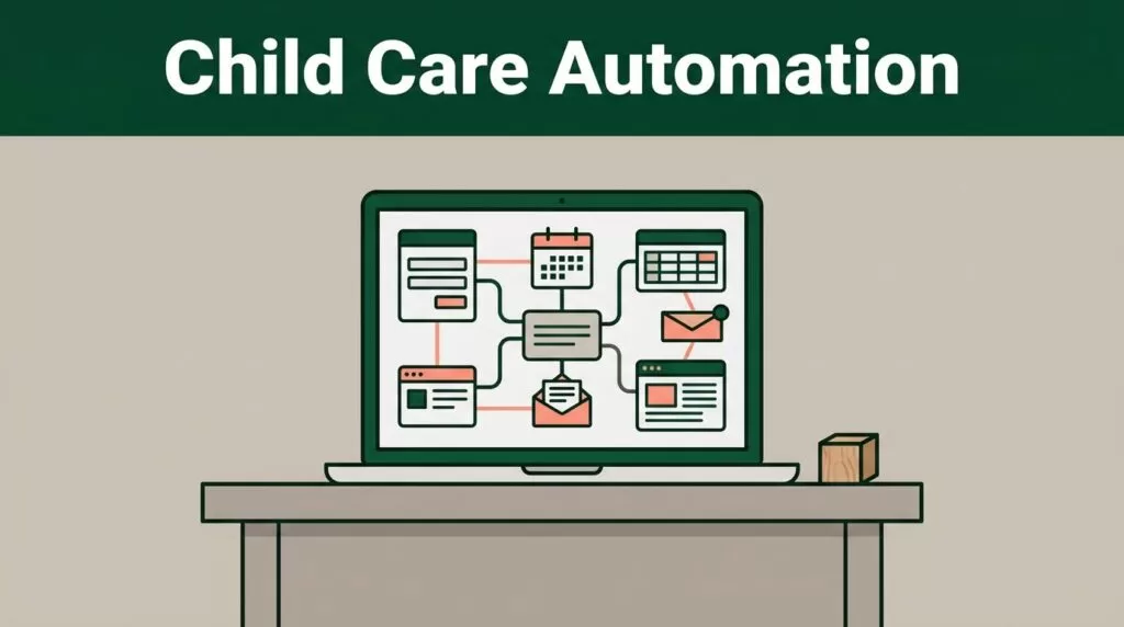 Laptop displaying connected child care workflow shapes beside a small toy block.