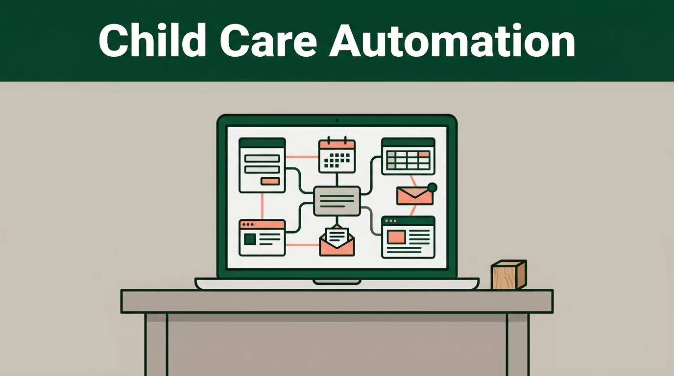 Laptop displaying connected child care workflow shapes beside a small toy block.