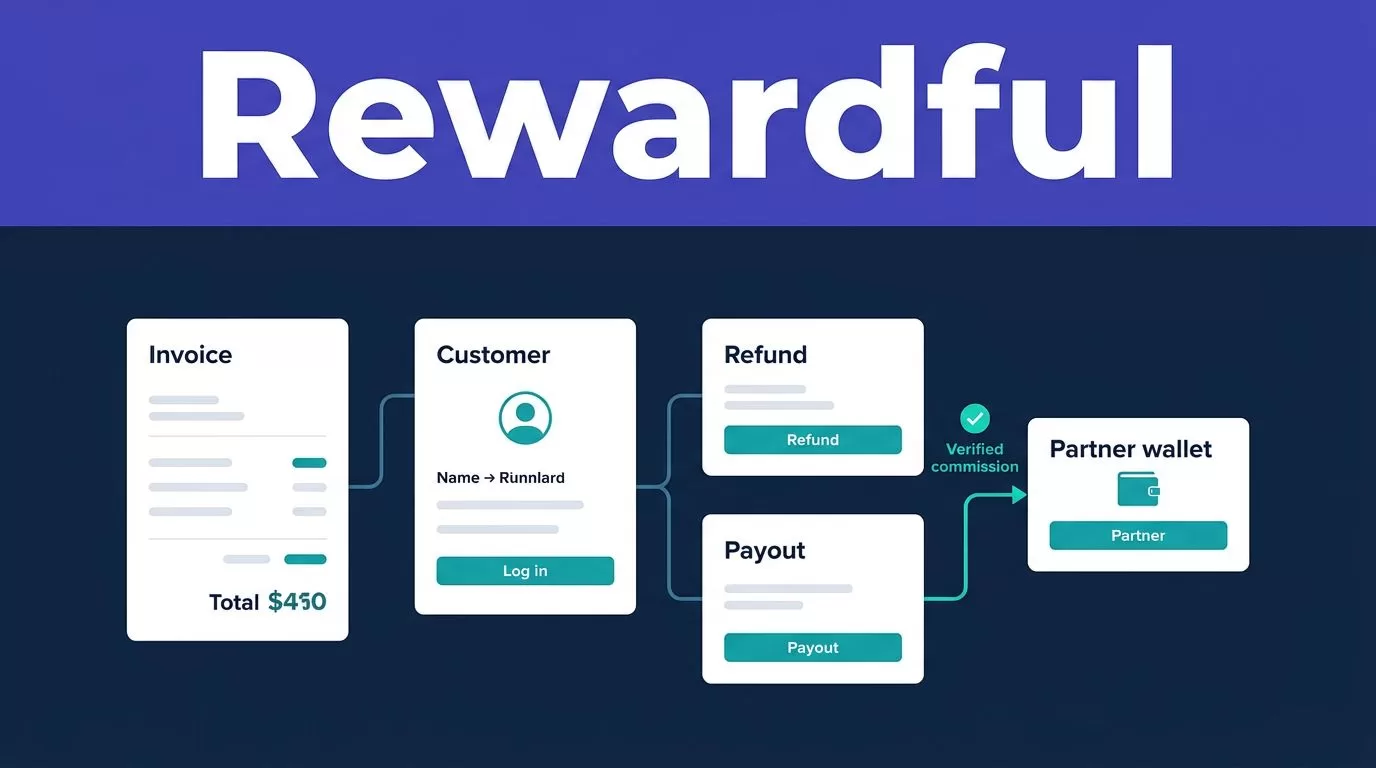 Rewardful dashboard showing revenue cards and a verified commission path to a partner wallet.