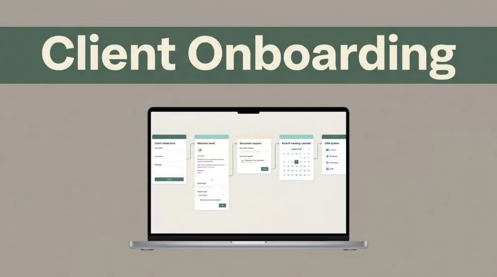 Laptop showing an automated client onboarding workflow beneath a dark-green headline band.