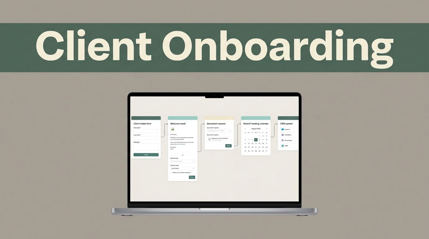 Laptop showing an automated client onboarding workflow beneath a dark-green headline band.