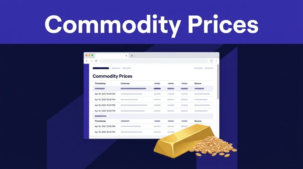 A commodity price table appears behind a gold bar and wheat sample on a navy workstation.
