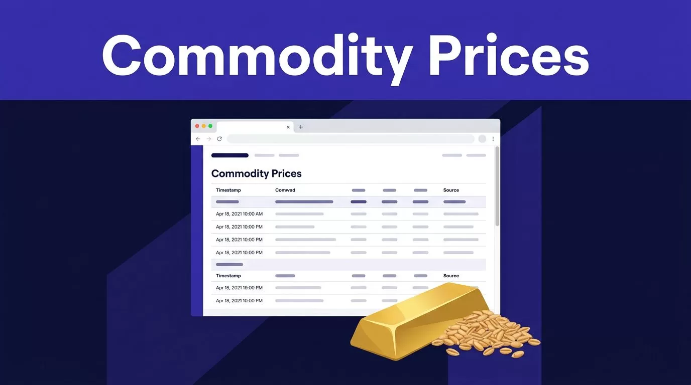 A commodity price table appears behind a gold bar and wheat sample on a navy workstation.
