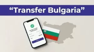 Phone showing a transfer confirmation beside a Bulgarian payment card.