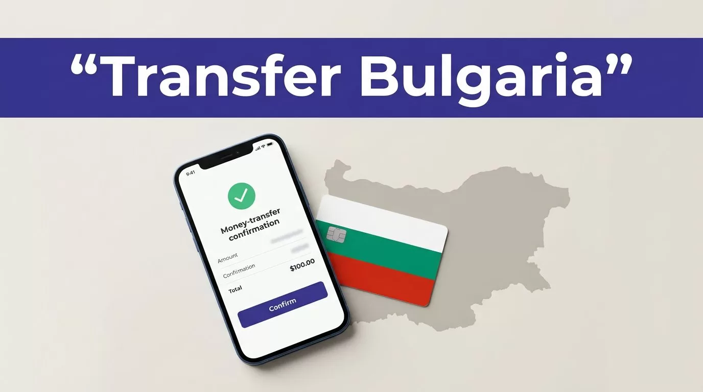 Phone showing a transfer confirmation beside a Bulgarian payment card.