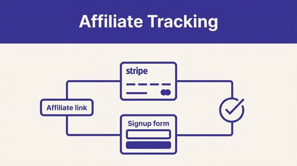 An affiliate tracking flow links a payment card, signup form, and conversion checkmark.