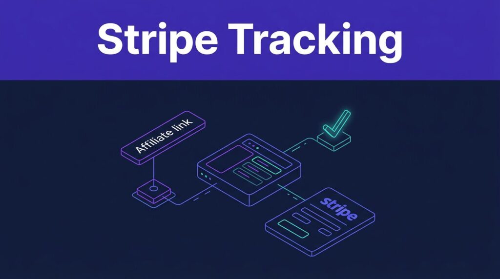 An affiliate link connects tracking software to a payment record with a glowing checkmark.
