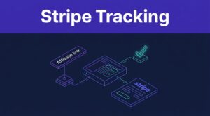 An affiliate link connects tracking software to a payment record with a glowing checkmark.